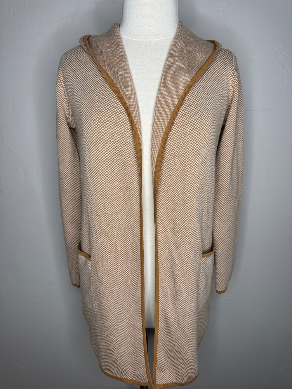 Adrienne Vittadini Open-Front Hooded Long Cardigan in Caramel and Cream